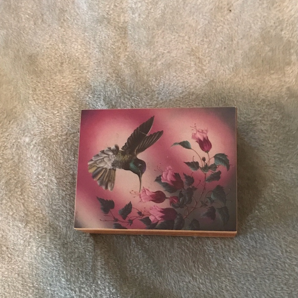 Vintage Crystal Skelley Hummingbird Jewelry Box with Pink Floral Design
